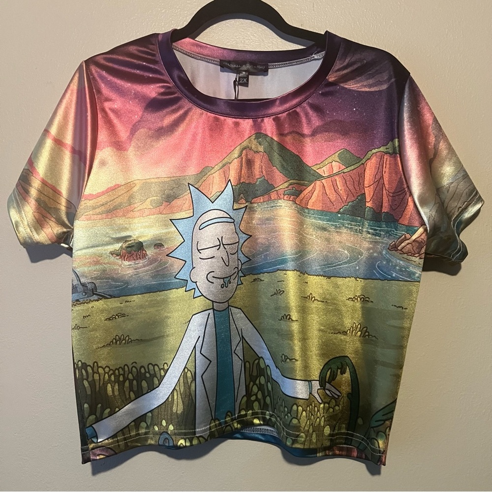 Dolls Kill x Rick and Morty Brand Collab Colorful Metallic Cropped Baby Tee
